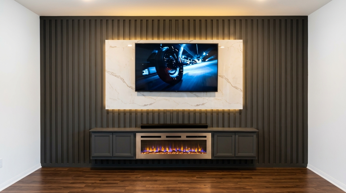 Full height dark charcoal vertical slat wall with polished Calacatta marble TV panel and built-in electric ribbon flame fireplace credenza