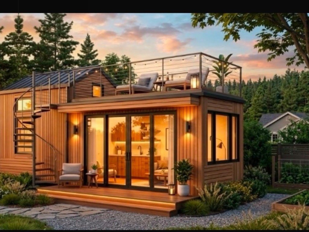 Modern cedar backyard studio and ADU with spiral staircase, rooftop viewing deck, and custom outdoor landscaping