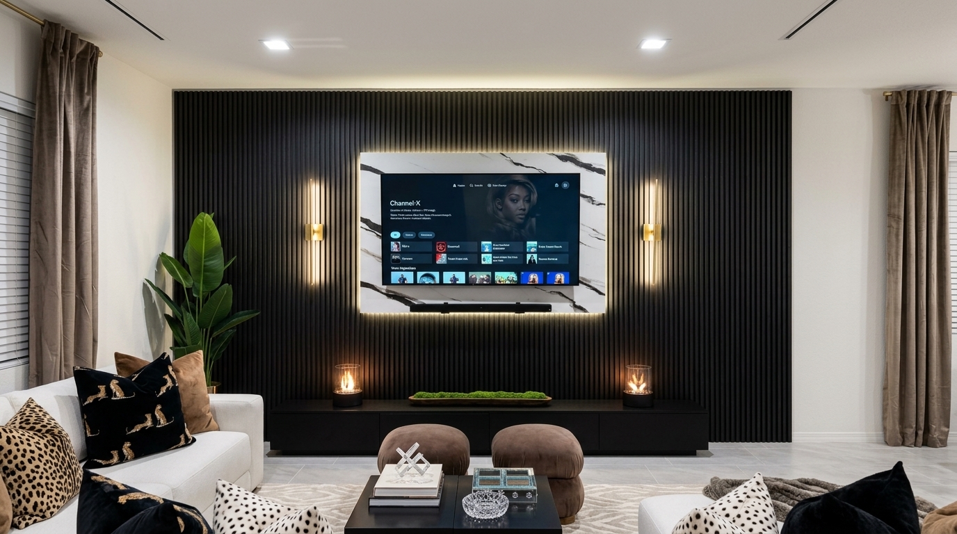 Modern luxury living room entertainment center with black acoustic slats, backlit Calacatta marble slab, TV mount, and floating console