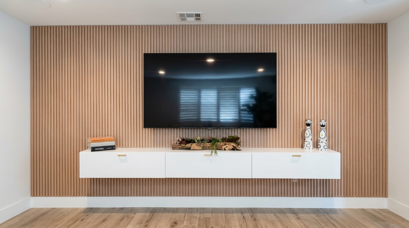 Floor to ceiling natural white oak vertical slat wall with flush mounted television and custom white floating media credenza