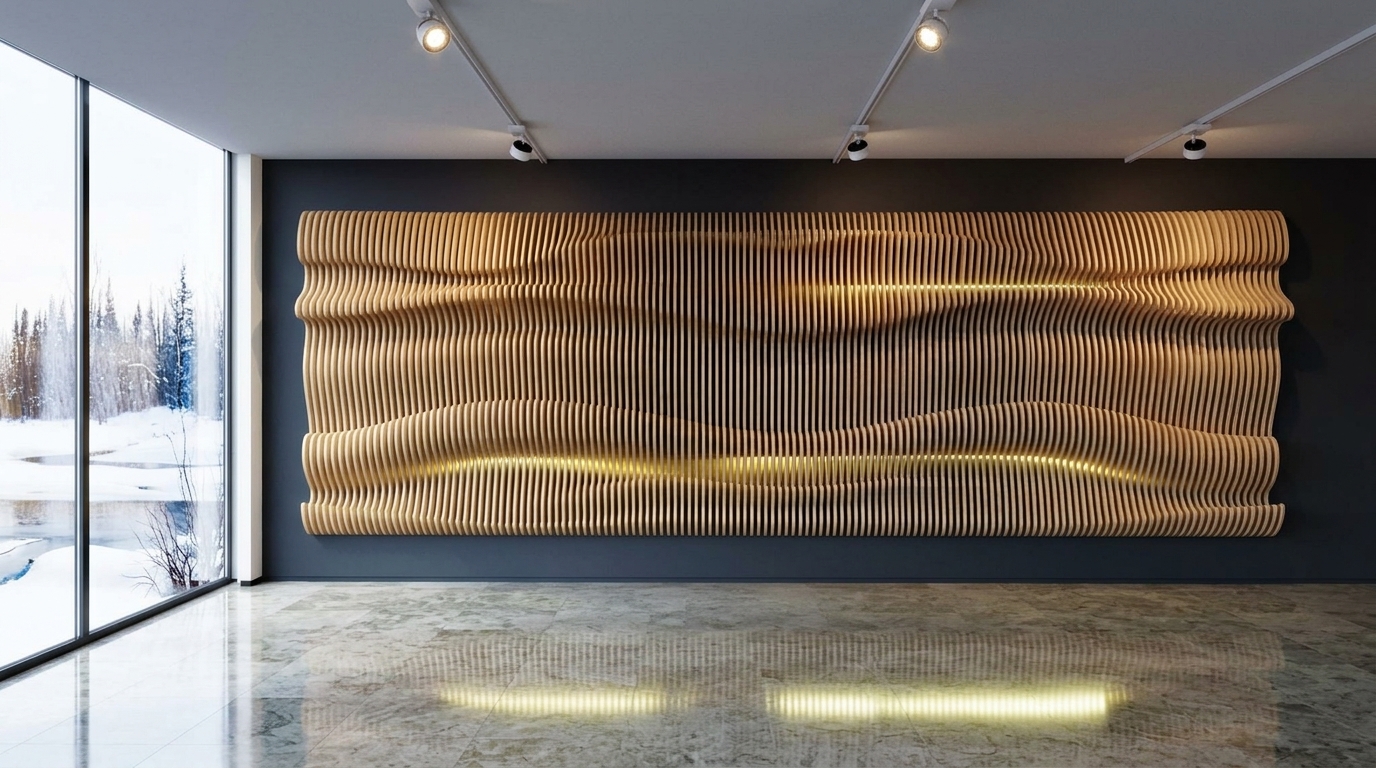 Parametric 3D wooden wave wall sculpture with warm golden LED backlighting in a modern architectural lounge